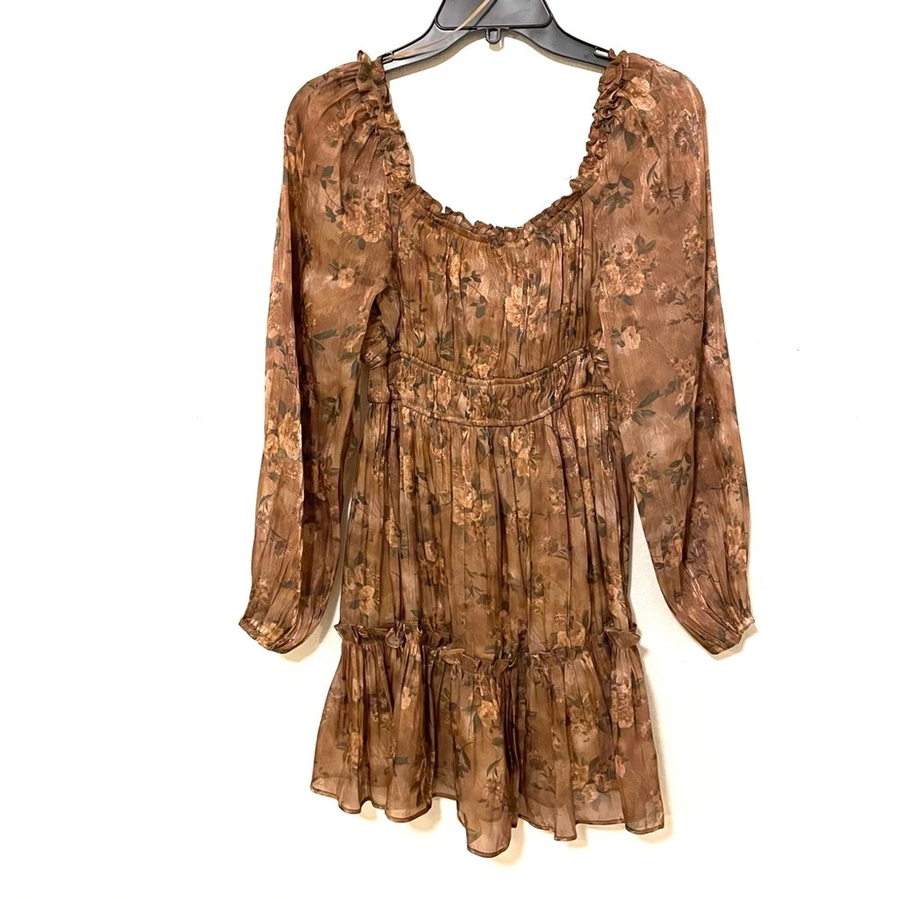 NEW Blu Pepper Sweetheart Neck Brown Watercolor Floral Ruffle Hem Dress Size S - Picture 3 of 8